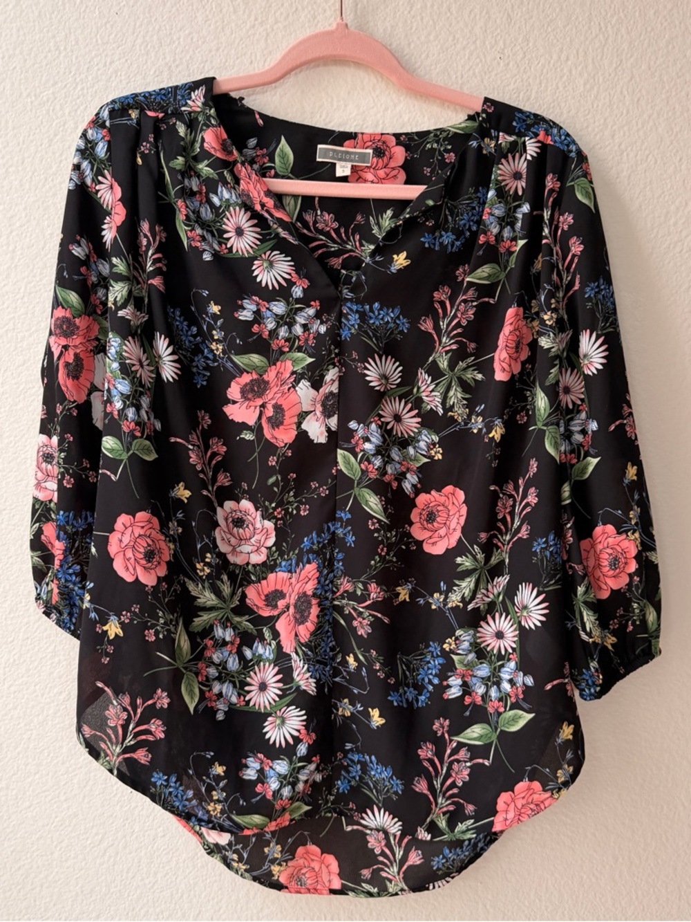 Pleione Floral Blouse Black Multicolor 3/4 Sleeve Office‎ Lightweight Top Size S